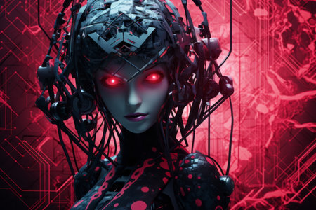 a woman with glowing red eyes in the middle of a red backgroundの素材