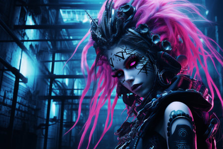 a woman with pink hair in a dark alleyの素材