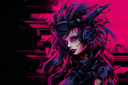 a woman with headphones and pink hair in front of a black backgroundの素材
