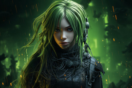 a woman with green hair and green eyesの素材