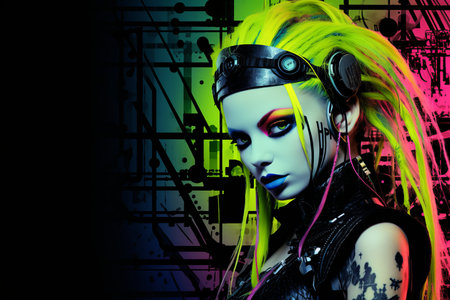 a woman with neon hair and headphonesの素材