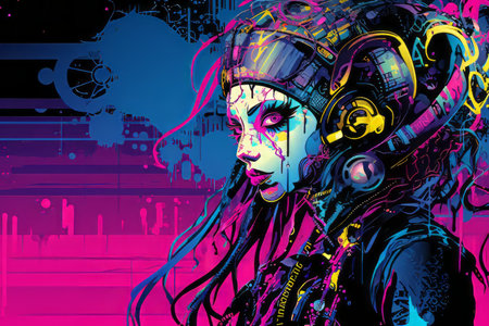 a woman with headphones and neon paint on her faceの素材