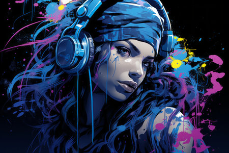 a woman with headphones and paint splatters on her faceの素材
