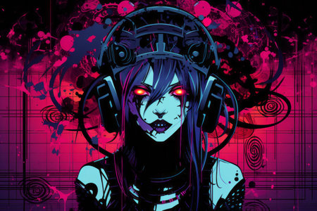 a woman with headphones on her head in a purple and pink backgroundの素材