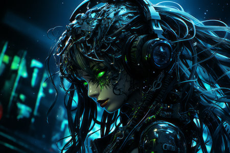 a woman with headphones on her head and green eyesの素材