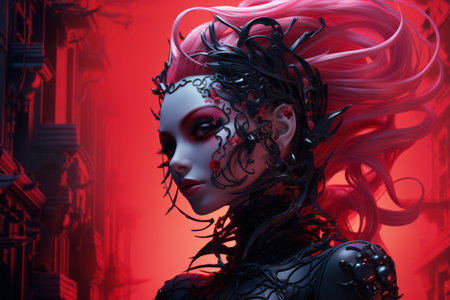 a woman with pink hair and black hair is standing in front of a red backgroundの素材