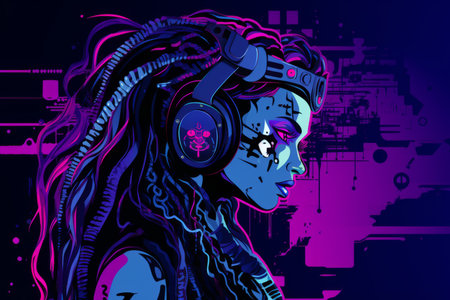 a woman with headphones on her head in front of a purple backgroundの素材