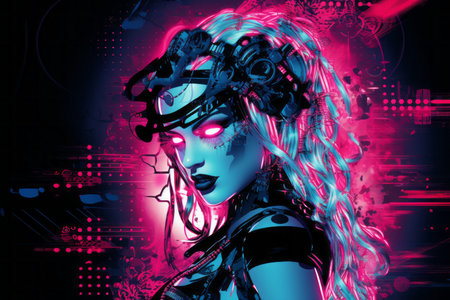 a woman with neon pink hair and glowing eyesの素材