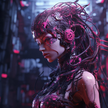 a woman with pink hair in a futuristic settingの素材