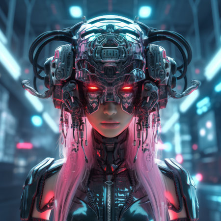 a woman with pink hair in a futuristic cityの素材
