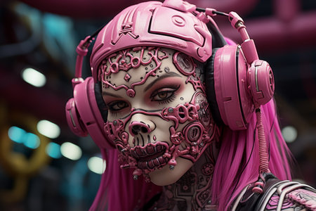 a woman with pink hair wearing headphonesの素材