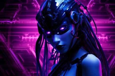 a woman with purple eyes and purple hair in front of a purple backgroundの素材