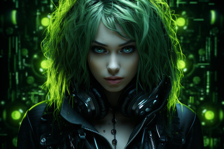 a woman with green hair and headphonesの素材