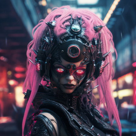 a woman with pink hair in a futuristic outfitの素材