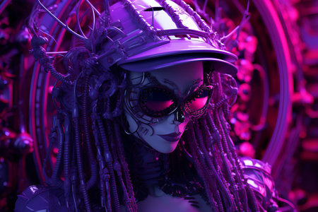 a woman with purple hair and a hat in front of a purple wallの素材