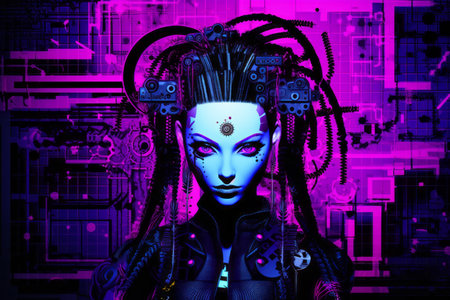 a woman with purple hair and blue eyes in front of a purple backgroundの素材