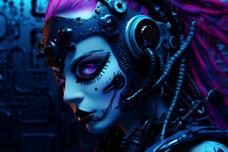 a woman with purple hair and a robot headの素材