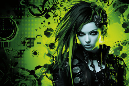 a woman with green hair and black clothesの素材