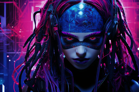 a woman with purple hair and headphones in front of a futuristic backgroundの素材