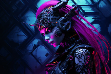 a woman with pink hair and purple hair is standing in front of a dark backgroundの素材
