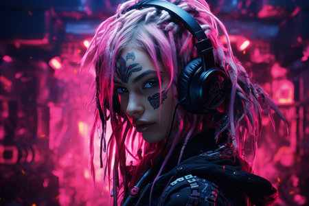 a woman with pink hair and headphonesの素材