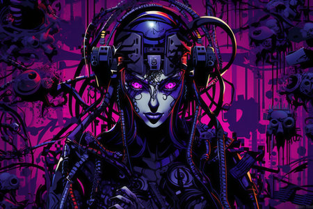 a woman with purple eyes and headphones in front of a purple backgroundの素材