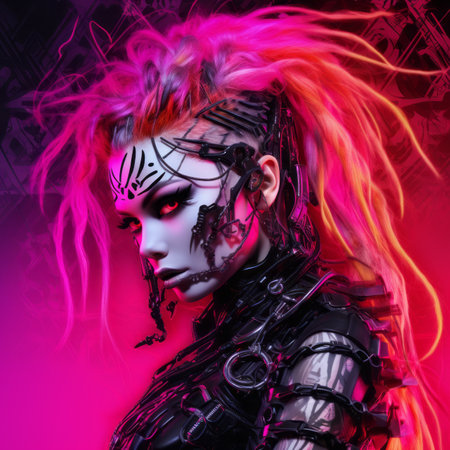 a woman with pink hair and neon makeup on her faceの素材