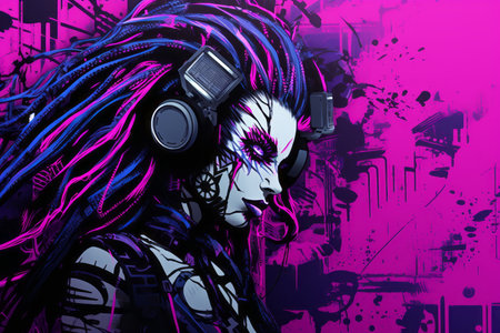 a woman with purple hair and headphones in front of a purple backgroundの素材