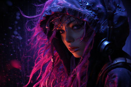 a woman with pink hair and headphonesの素材