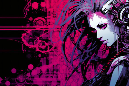 a woman with purple hair and headphones in front of a purple backgroundの素材
