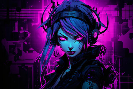 a woman with purple hair and headphones in front of a purple backgroundの素材