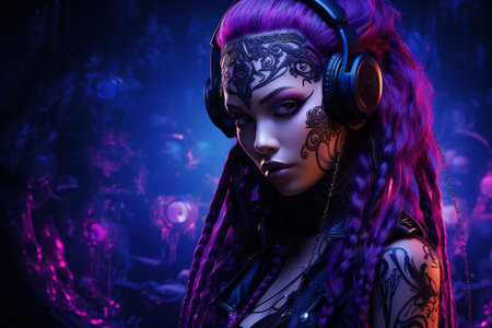 a woman with purple hair and headphonesの素材