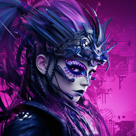 a woman with purple hair and makeup on a purple backgroundの素材
