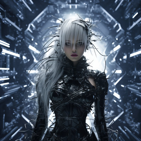 a woman with white hair standing in front of a futuristic backgroundの素材