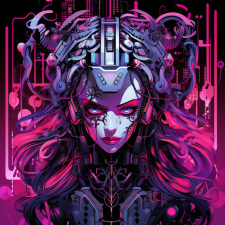 a woman with purple hair and purple makeup on her faceの素材