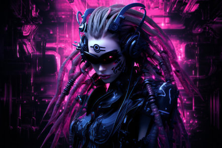 a woman with purple hair and headphones in front of a purple backgroundの素材