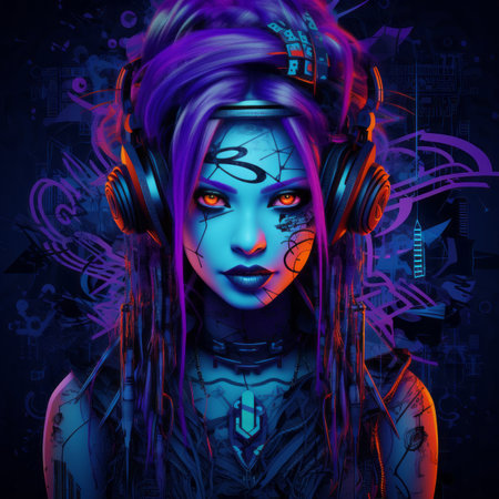 a woman with purple hair and headphonesの素材