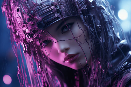 a woman with purple hair in the rainの素材