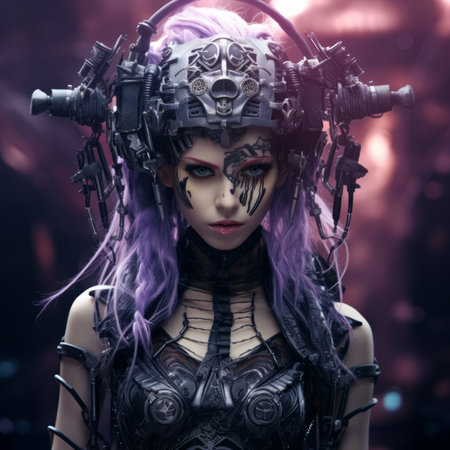 a woman with purple hair wearing a futuristic outfitの素材