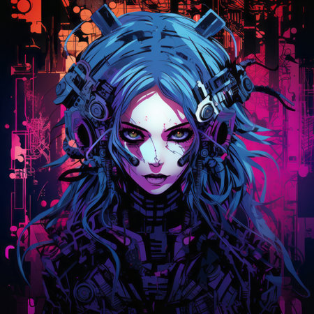 an illustration of a woman with blue hair and purple hairの素材
