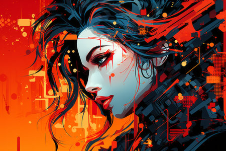 an illustration of a woman with black hair and red eyesの素材