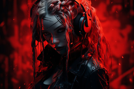 a woman with red hair and headphones in front of a red backgroundの素材