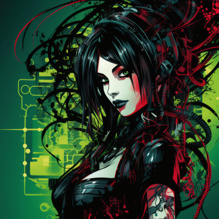 an illustration of a woman with black hair and green eyesの素材