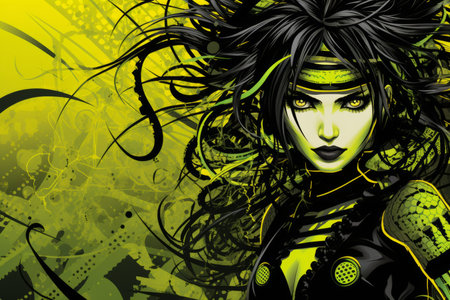an illustration of a woman with black hair and green eyesの素材