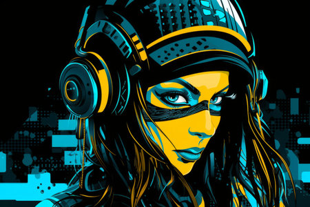 an illustration of a woman wearing headphonesの素材