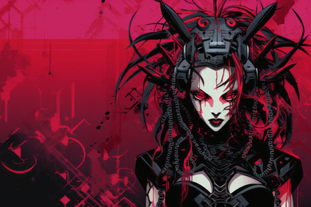 a woman with red hair and horns on her headの素材