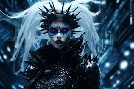 a woman with white hair and blue eyes standing in front of a dark backgroundの素材