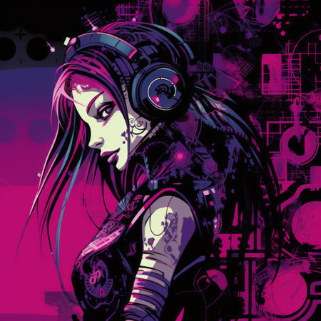 an illustration of a girl with headphones on her headの素材
