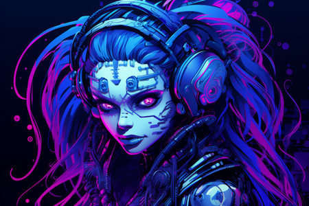 an illustration of a woman with blue hair and purple makeupの素材