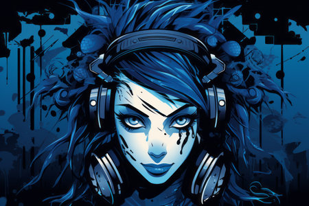 an illustration of a woman with blue hair and headphonesの素材